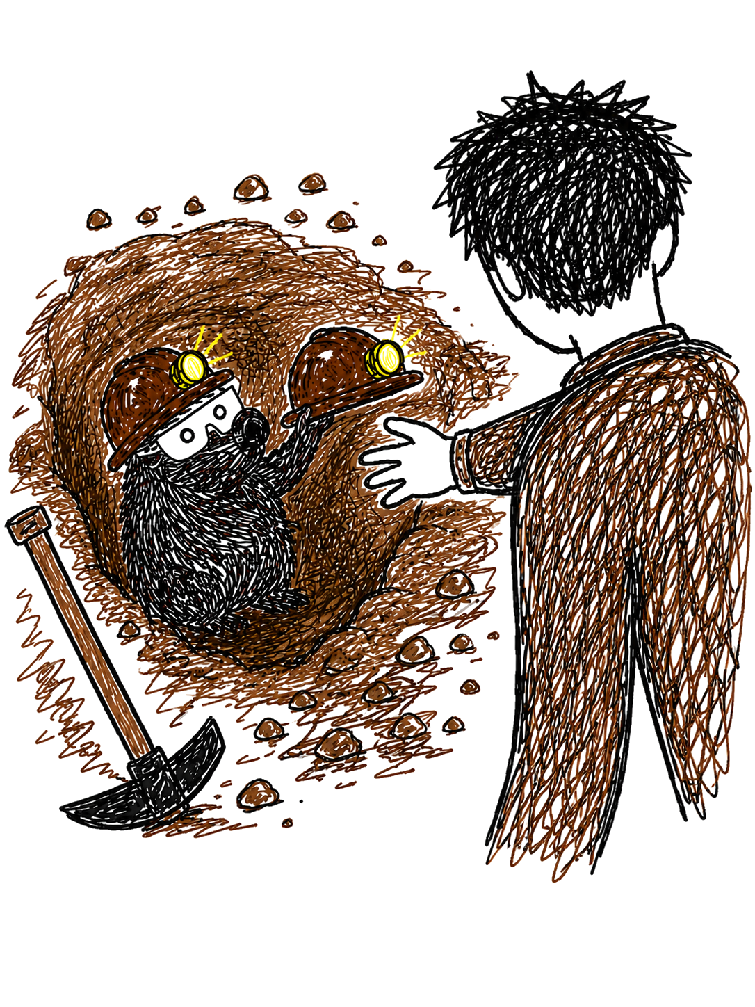 A person reaching down into a freshly dug pit toward a hard-hatted wombat miner who holds up a spare hard hat: an invitation to dig with us.