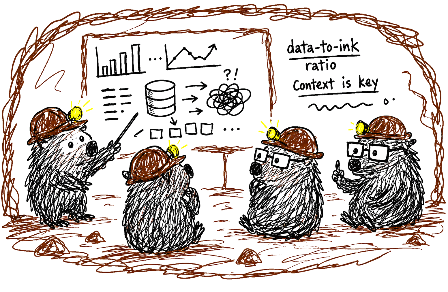 A wisdom of wombats huddled in their burrow chamber around a chalkboard of diagrams: an engineering huddle, the wombat school of thought.